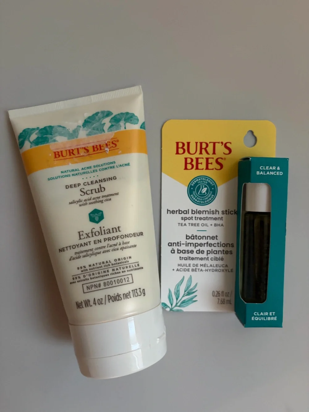 Burt's Bees Acne Solutions Deep Cleansing Scrub(Exp 9/26) & Herbal Blemish Stick